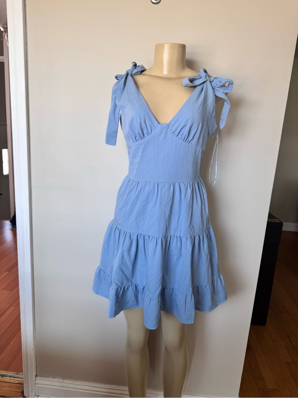 Light Blue Tie-Shoulder Tiered Mini Dress